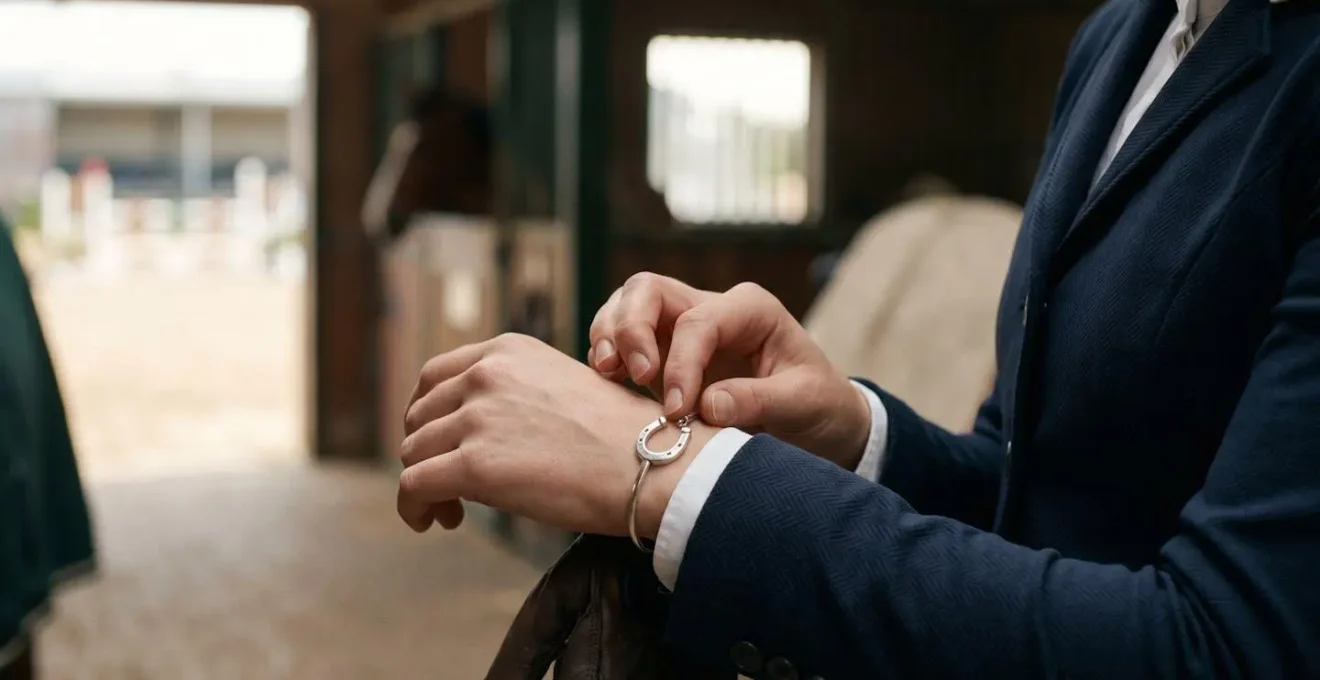 Cavalier touchant un bracelet porte-bonheur avant une épreuve de compétition équestre