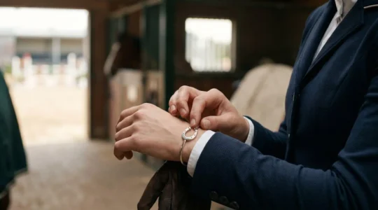 Cavalier touchant un bracelet porte-bonheur avant une épreuve de compétition équestre