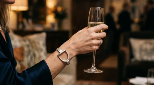 Détail d'un bijou équestre raffiné lors d'une soirée mondaine