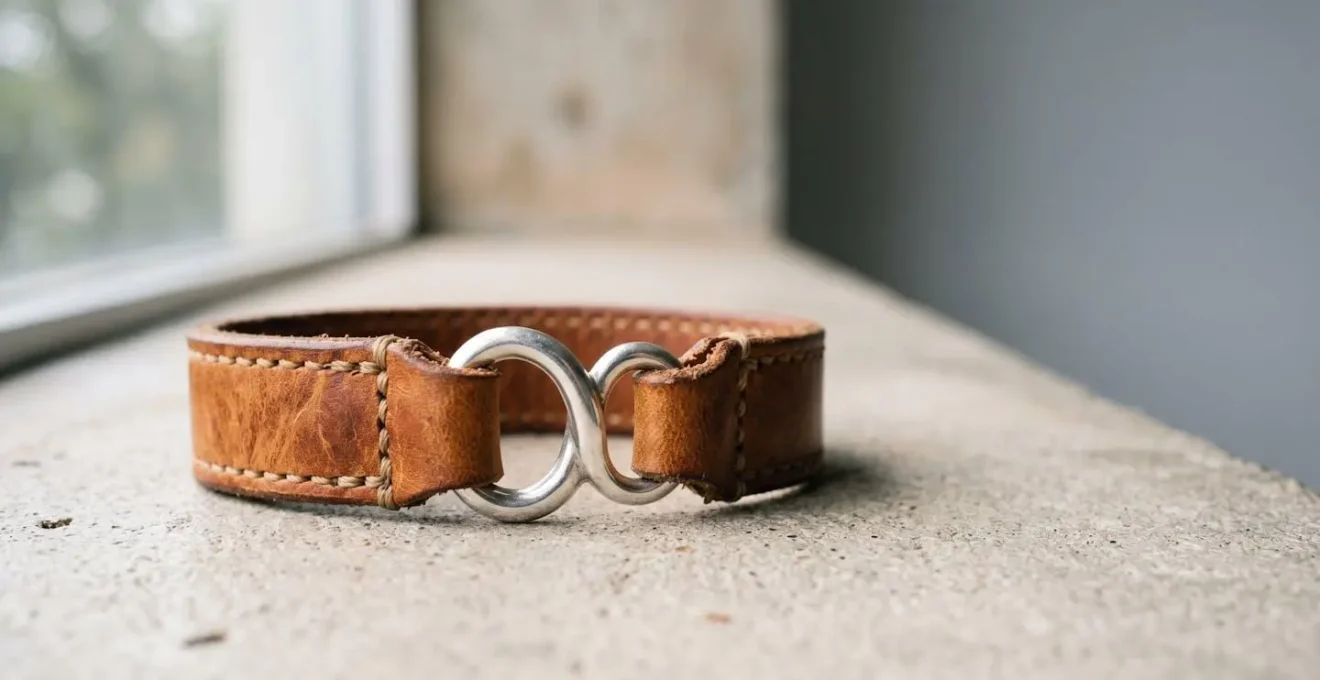 Bracelet équestre en cuir tannage végétal naturel avec détails métalliques, présenté sur fond minimaliste