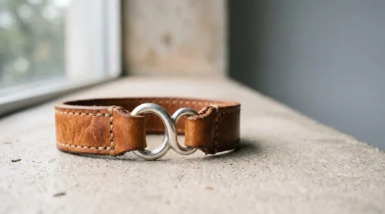 Bracelet équestre en cuir tannage végétal naturel avec détails métalliques, présenté sur fond minimaliste