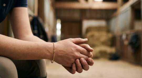 Mains d'un cavalier manipulant délicatement une bague fine dans l'environnement d'une écurie