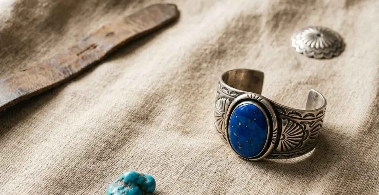 Composition élégante de bijoux western en argent et turquoise mettant en valeur l'esthétique amérindienne raffinée