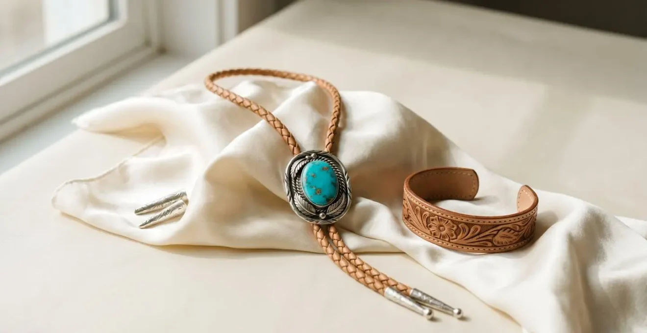 Bolo tie argenté avec pendentif turquoise posé sur tissu en soie ivoire, mise en scène épurée et féminine