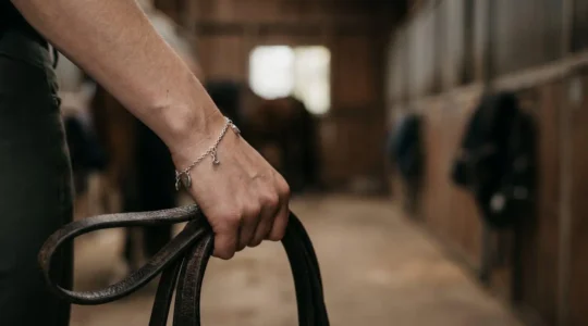 Cavalière portant un bracelet à breloques lors d'une séance d'équitation