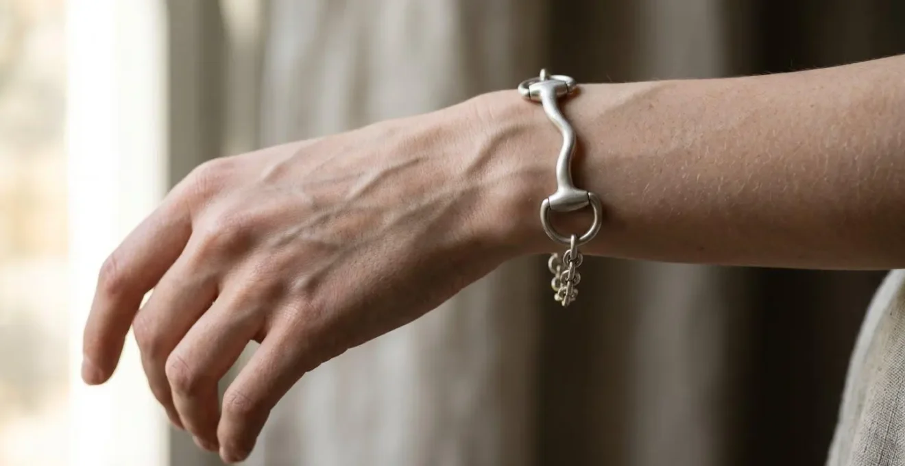 Bracelet mors de filet en argent sur un poignet très fin avec anatomie osseuse visible