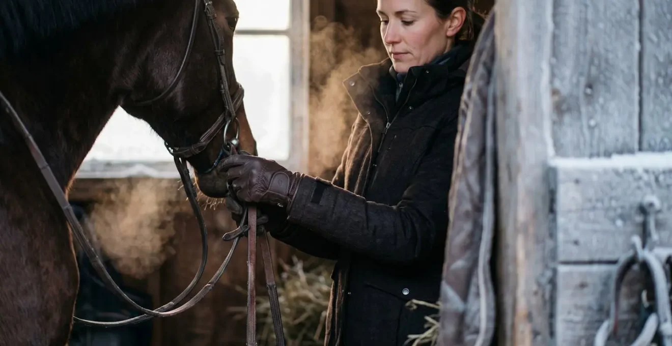 Cavalière équipée pour l'hiver avec gants et protection thermique en manège enneigé