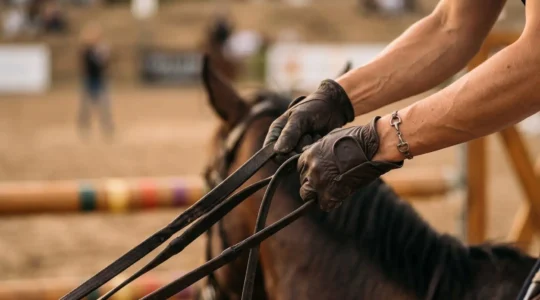 Gros plan sur les mains d'un cavalier tenant les rênes lors d'un parcours d'obstacles équestres