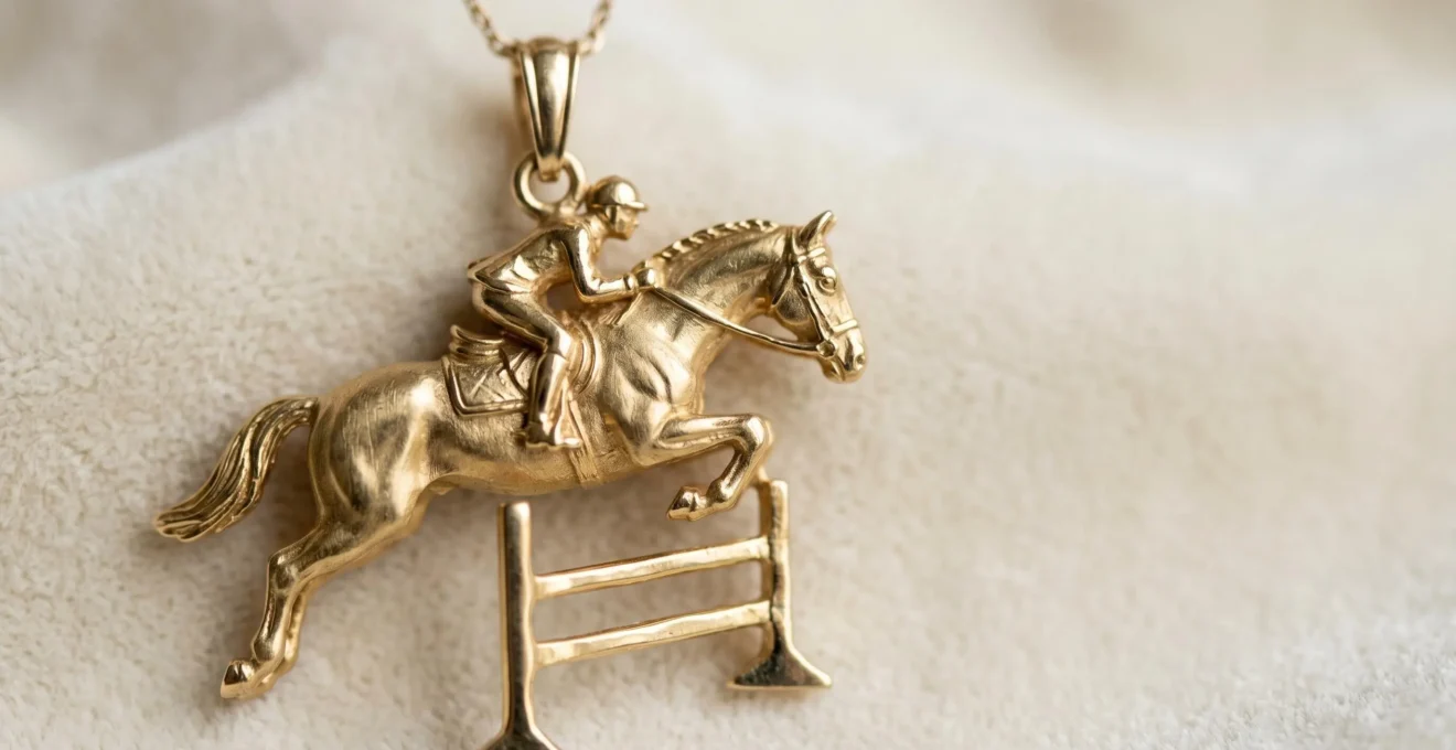 Détail macro d'un pendentif en or représentant un cheval au planer au-dessus d'un oxer, capturant la bascule et l'extension des antérieurs avec un réalisme sculptural