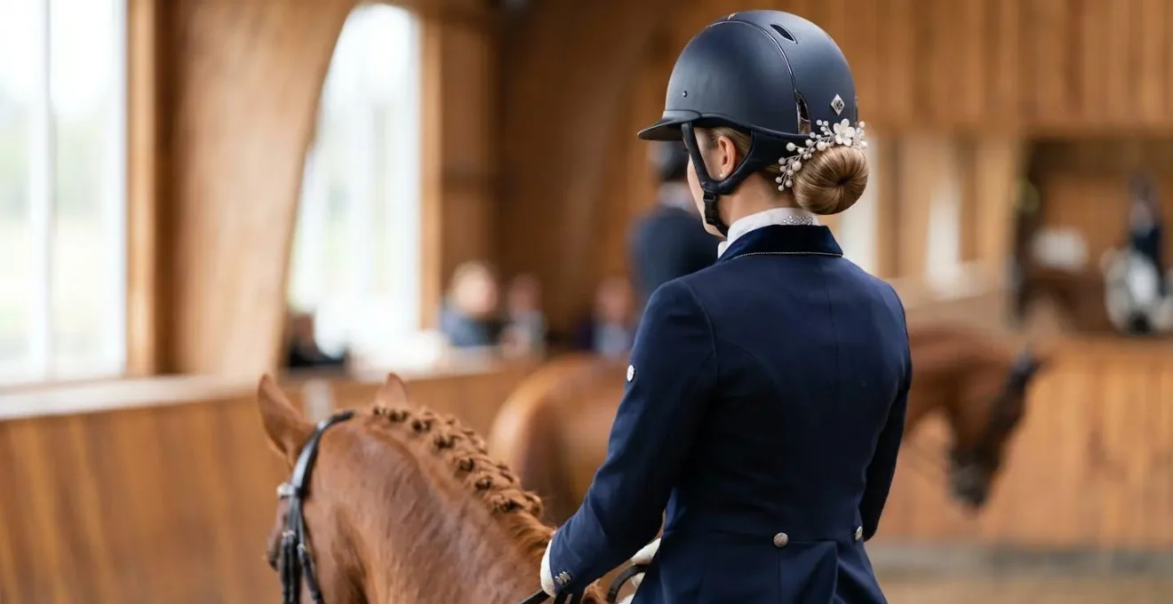 Chignon élégant de cavalière de dressage avec bijou perlé sous casque d'équitation