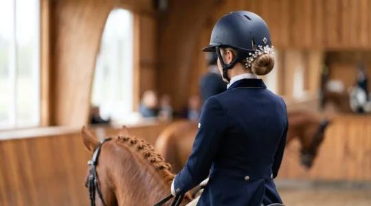 Chignon élégant de cavalière de dressage avec bijou perlé sous casque d'équitation