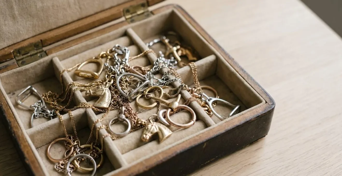 Coffret à bijoux désorganisé avec pendentifs équestres et chaînes emmêlées illustrant les risques du stockage en vrac