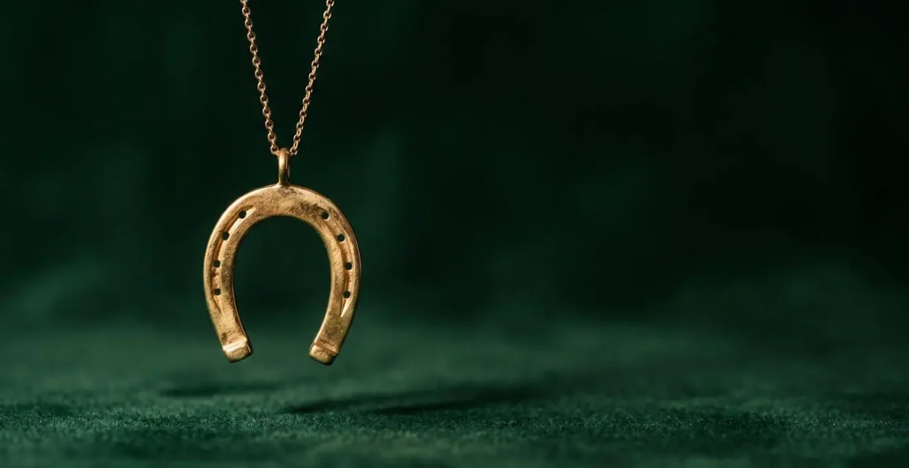 Pendentif en fer à cheval doré suspendu avec élégance symbolisant la chance et la tradition équestre