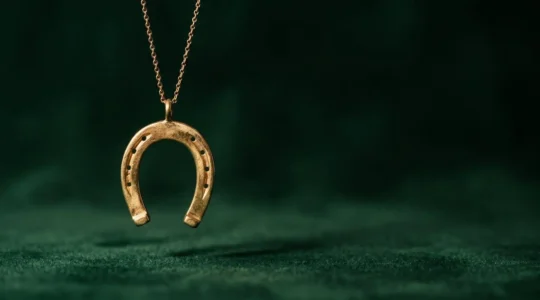 Pendentif en fer à cheval doré suspendu avec élégance symbolisant la chance et la tradition équestre