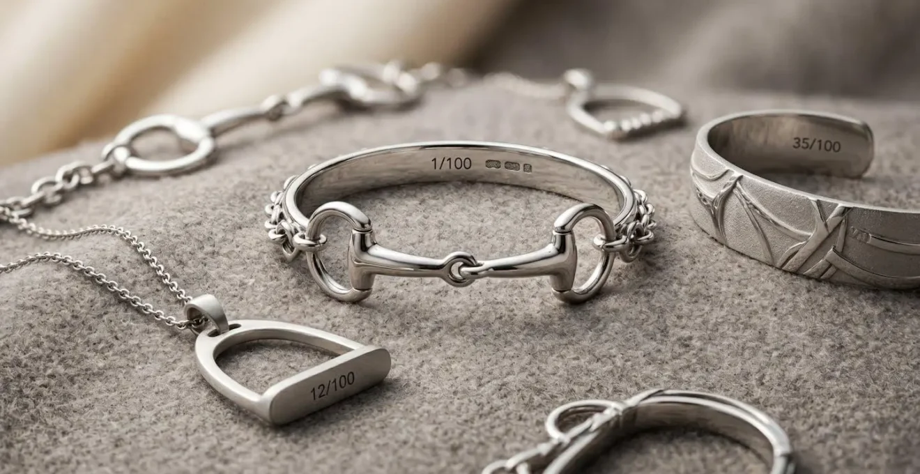 Bijoux équestres artisanaux en argent massif avec gravure numérotée et poinçon de maître dans un écrin luxueux