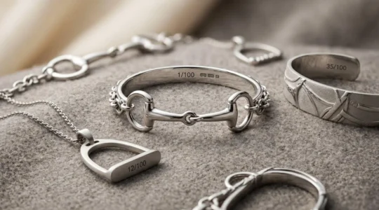 Bijoux équestres artisanaux en argent massif avec gravure numérotée et poinçon de maître dans un écrin luxueux