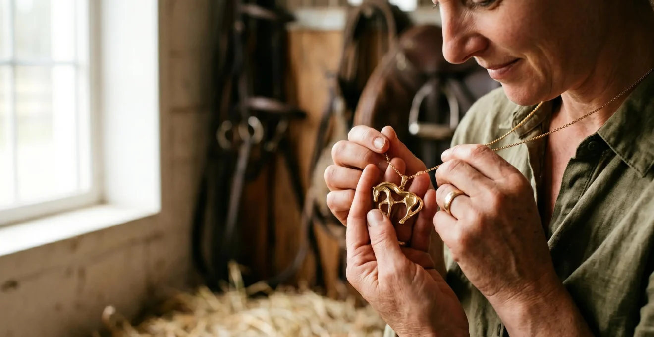 Portrait intimiste d'une cavalière contemplant un bijou équestre précieux qui symbolise son lien profond avec l'équitation