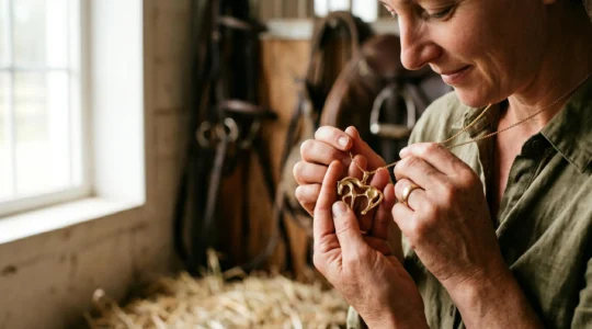 Portrait intimiste d'une cavalière contemplant un bijou équestre précieux qui symbolise son lien profond avec l'équitation