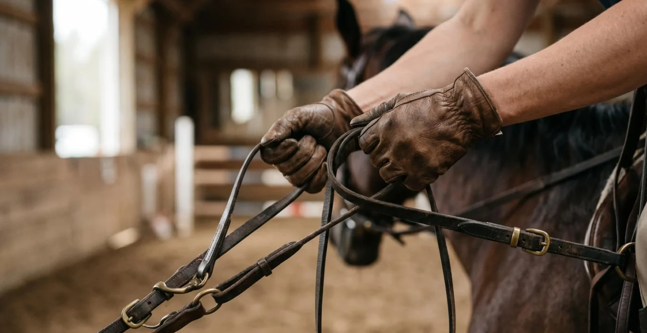 Gros plan sur les mains d'un cavalier tenant des rênes en cuir, portant des gants d'équitation professionnels