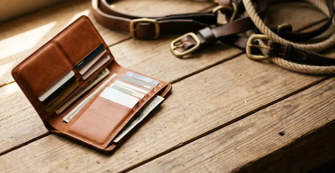Gros plan sur un portefeuille en cuir élégant ouvert, contenant des compartiments organisés, posé sur une surface en bois rustique avec des accessoires équestres en arrière-plan flou