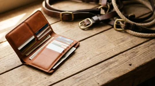 Gros plan sur un portefeuille en cuir élégant ouvert, contenant des compartiments organisés, posé sur une surface en bois rustique avec des accessoires équestres en arrière-plan flou
