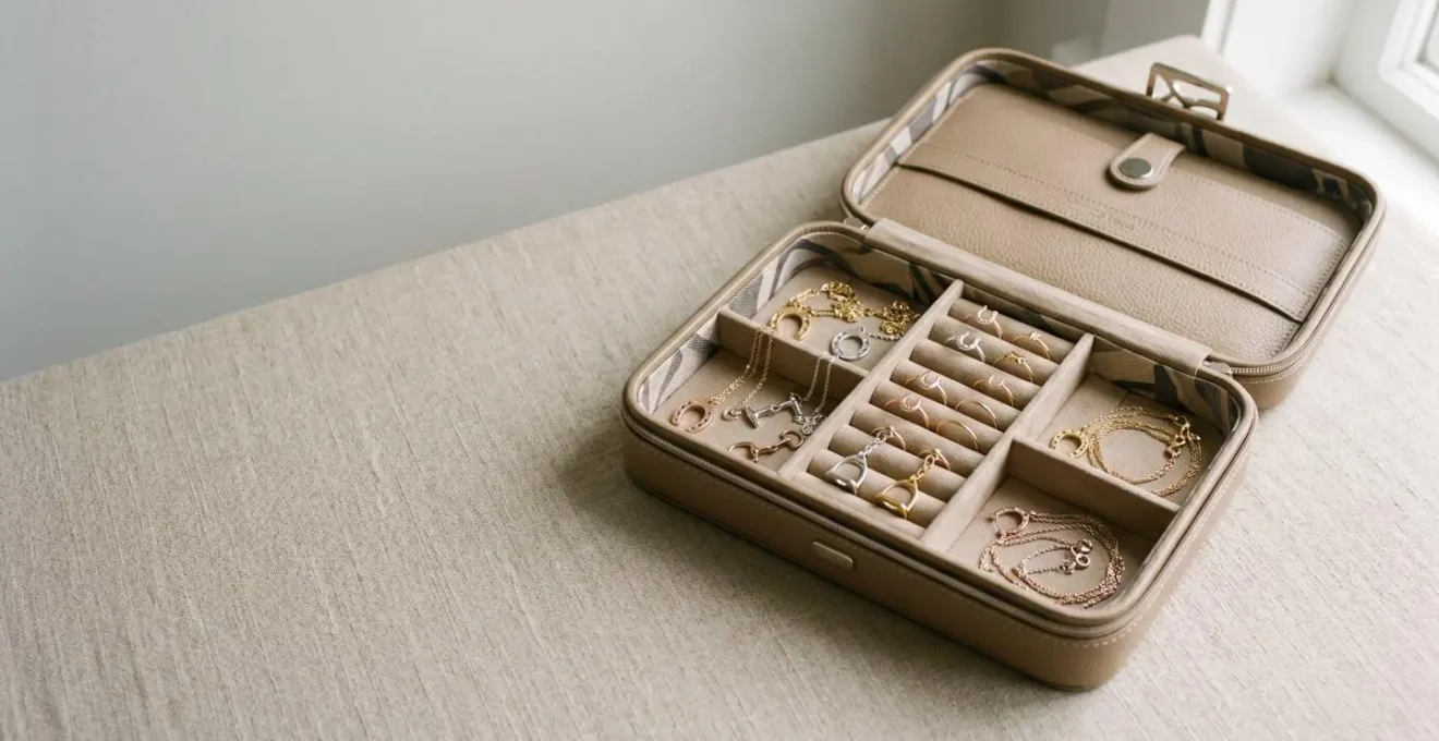 Coffret à bijoux de voyage ouvert avec bijoux équestres organisés sur fond neutre