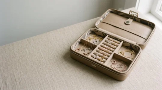 Coffret à bijoux de voyage ouvert avec bijoux équestres organisés sur fond neutre