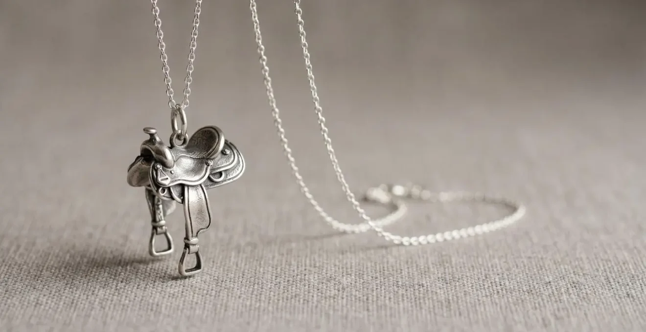 Pendentif selle équestre en argent massif suspendu à une chaîne forçat sur fond minimaliste
