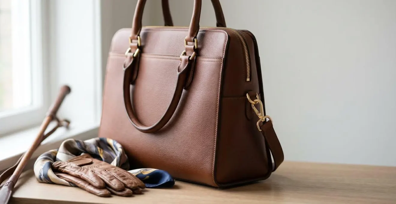 Sac élégant hybride posé sur une surface avec accessoires équestres