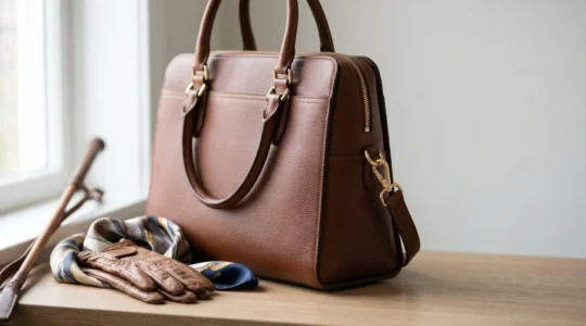 Sac élégant hybride posé sur une surface avec accessoires équestres