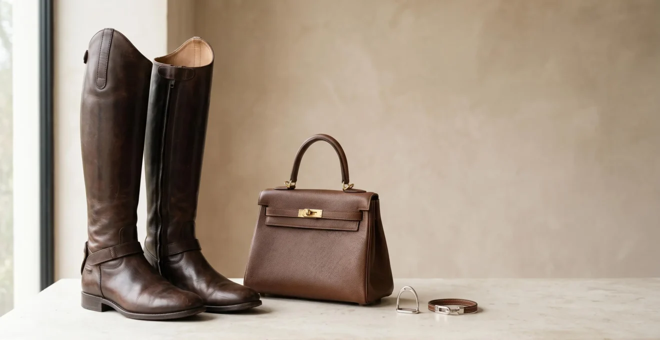 Ensemble élégant de maroquinerie équestre avec bottes en cuir marron et sac à main en cuir sur fond neutre minimaliste