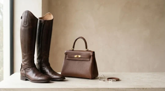 Ensemble élégant de maroquinerie équestre avec bottes en cuir marron et sac à main en cuir sur fond neutre minimaliste