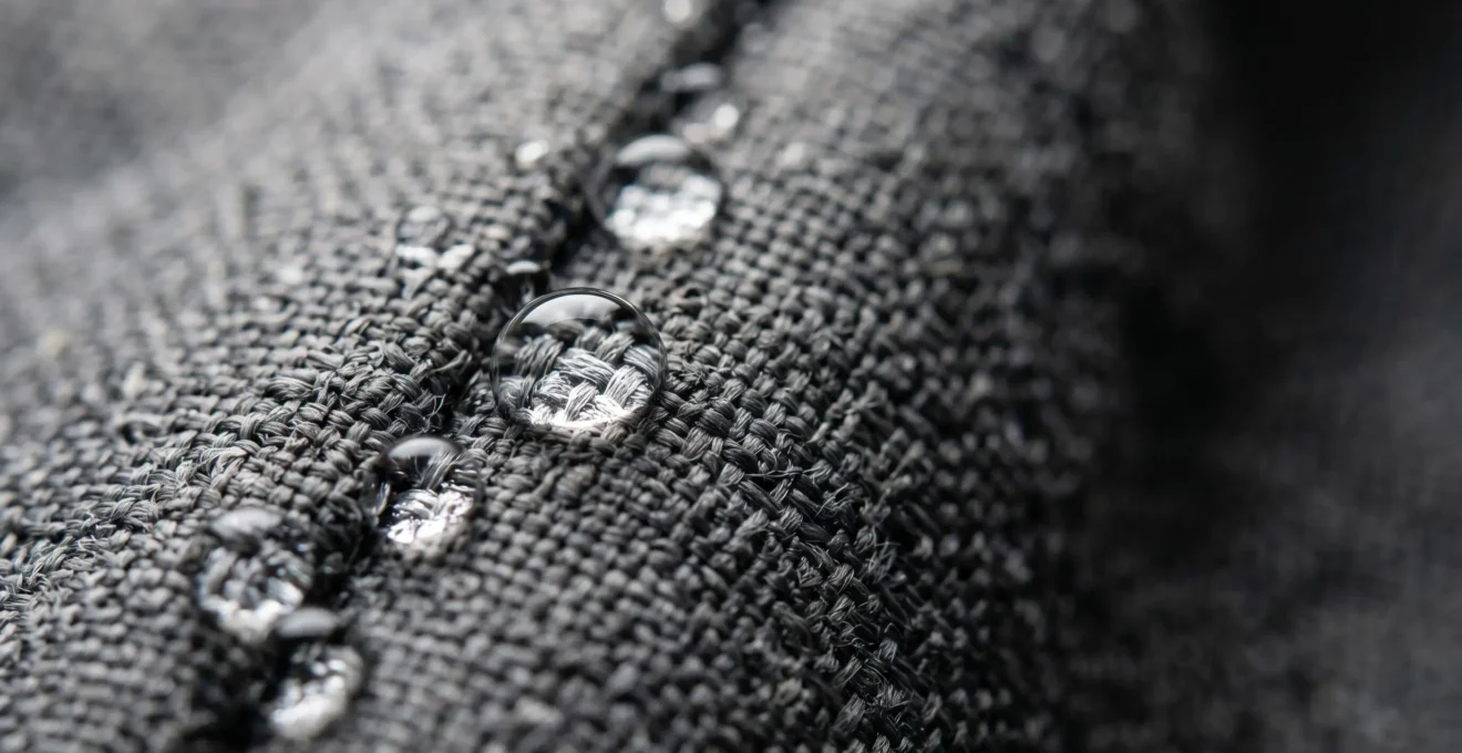 Vue rapprochée d'une membrane textile technique imperméable avec gouttes d'eau perlant sur la surface