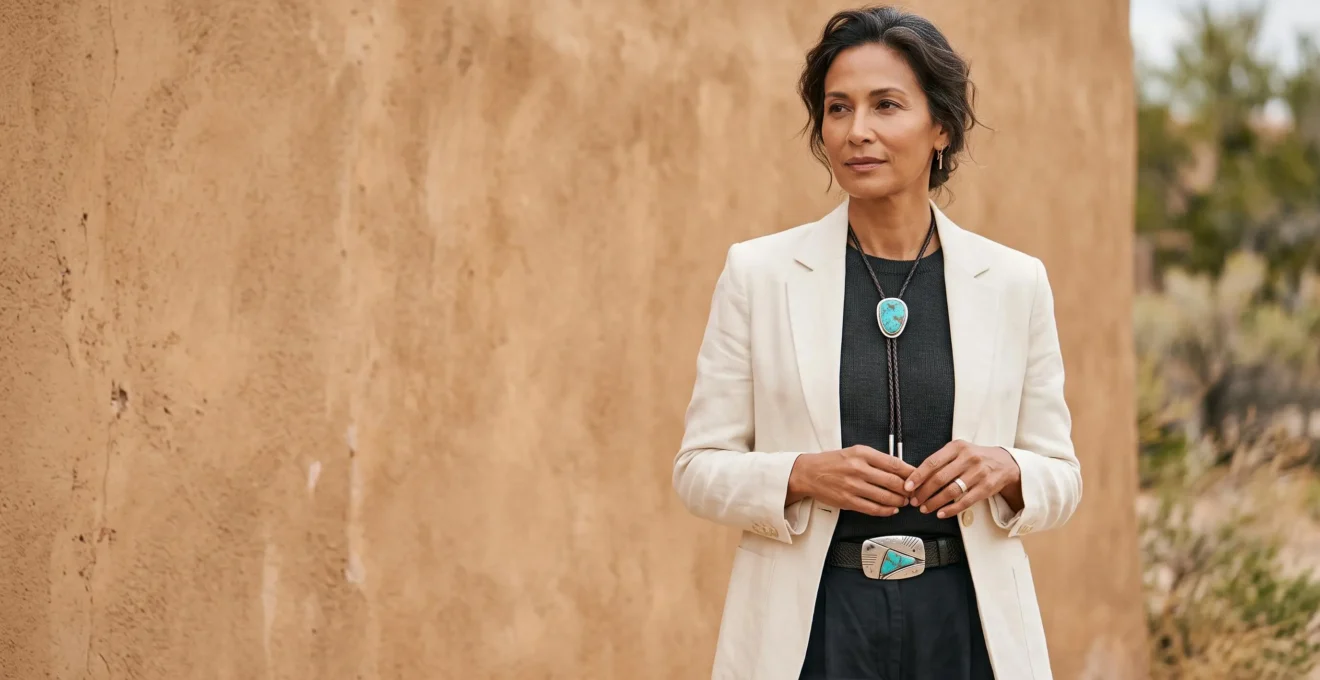 Portrait éditorial d'une silhouette féminine réinventant les codes bijoux du cowboy avec un bolo tie et une boucle de ceinture argentée
