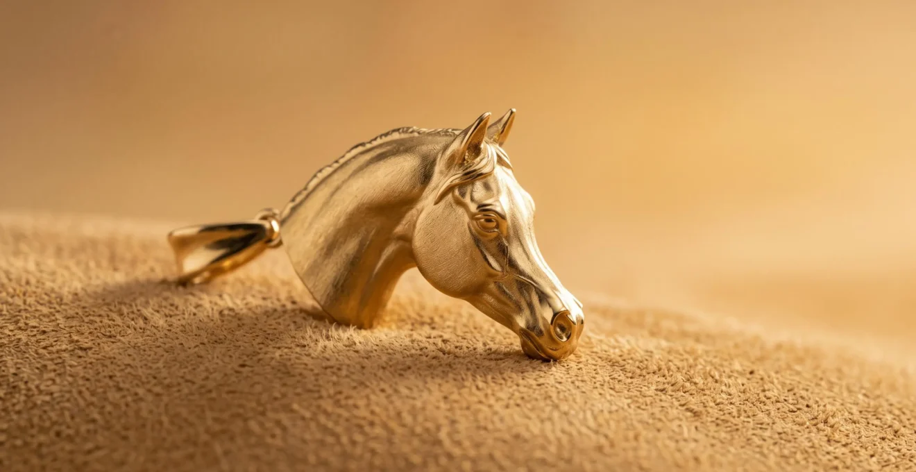 Gros plan artistique sur un pendentif en or sculpte representant le profil camus d'un cheval arabe, mettant en valeur la finesse du jibbah et du naseau