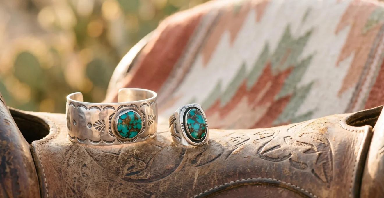 Bijoux turquoise et argent poses en clair-obscur evoquant un style western elegant et raffine